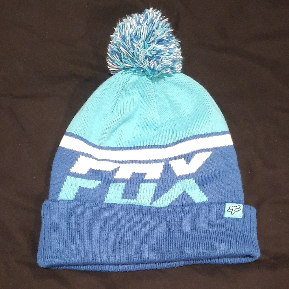 Womens Blue and Teal Pom-Pom Beanie